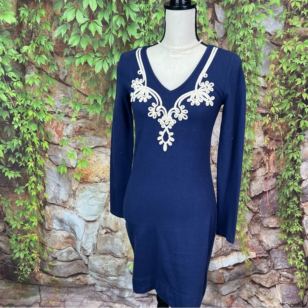 LILLY PULITZER Navy Blue Ponte White Applique Dress, XS - Picture 3 of 12